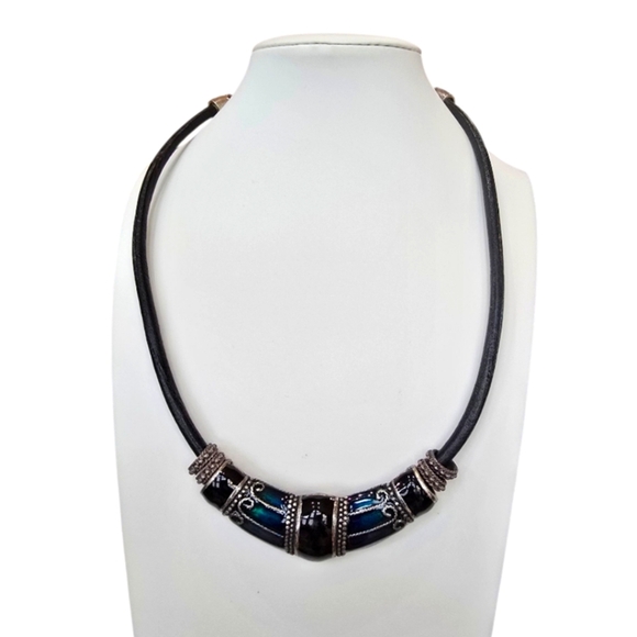 Chico's Black Leather Enamel Silvertone Slider Pendant Boho Necklace - Picture 1 of 6